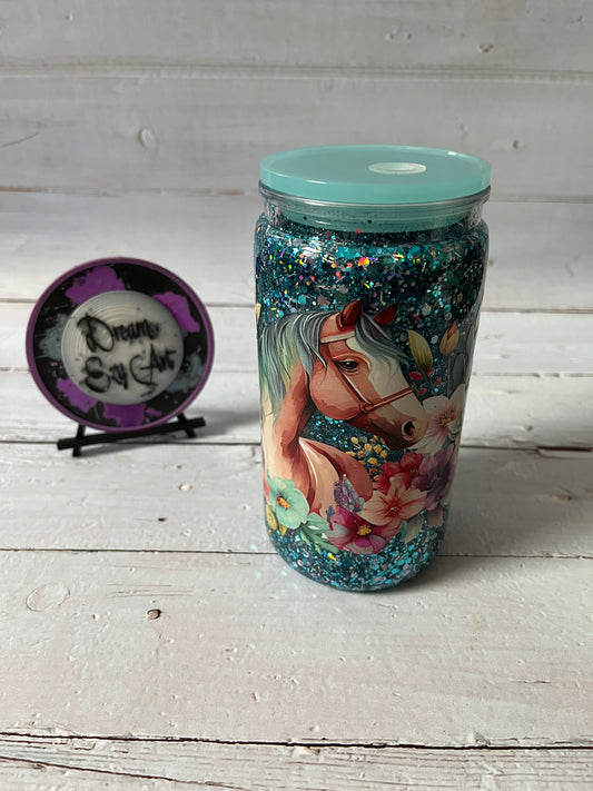 Floral Horse 16oz Plastic Snow Globe Tumbler