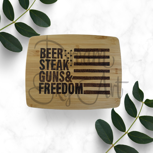RTS 11"x14" Beer Steak Guns & Freedom Bamboo Cutting Board